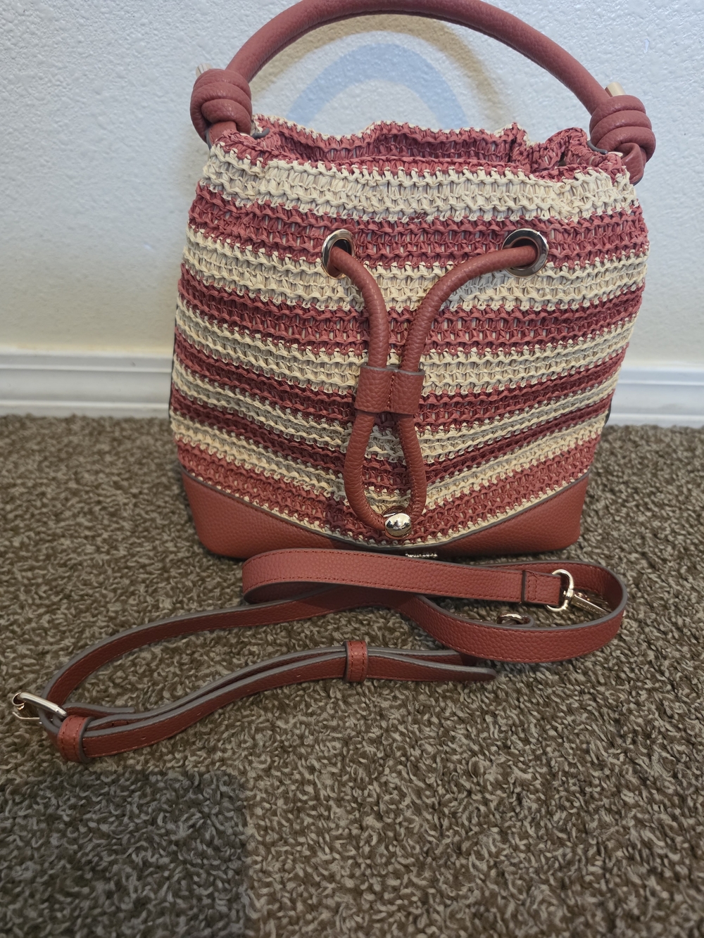 Nanette Lepore Rose and Cream Woven Bucket Crossbody